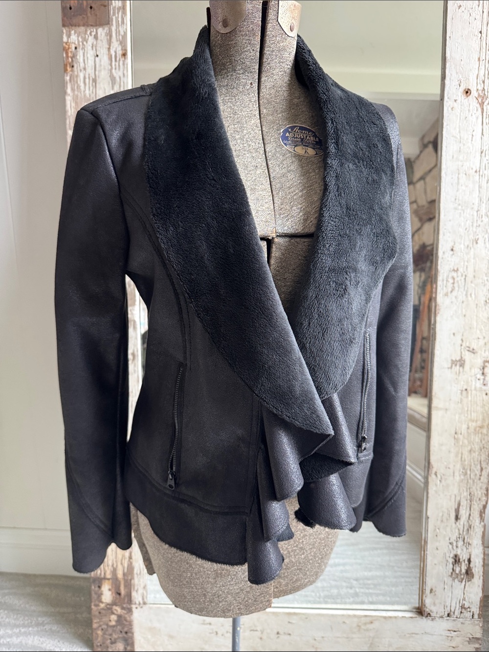Guess Black Faux-Suede Draped Jacket with Faux Fur Shawl Collar